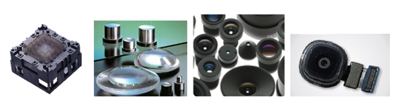재영솔루텍 초정밀부품. 왼쪽부터 반도체 테스트소켓, 비구면 유리/플라스틱렌즈, 다양한 제품 군의 렌즈모듈, 휴대전화용 AUTO FOCUS모듈.