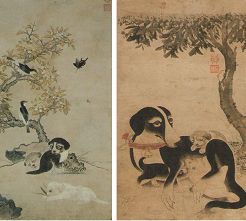 <도판5> 이암 <화조구자도>, 16세기 중엽, 종이에 담채, 86.0×44.9cm, 보물 1932호, 삼성미술관 리움 소장 / 이암 <모견도>, 16세기 중엽, 종이에 담채, 73.2×42.4cm, 국립중앙박물관소장.