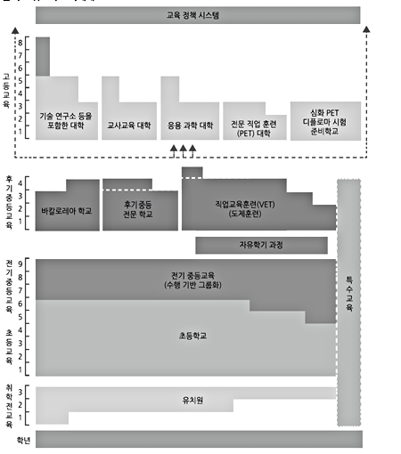 스위스의 교육체계. 초중등학교 5학년때부터 진로에 따라 교육이 분화되며, 고등학교 때 중등 직업훈련 교육(VET)을 거쳐 고등 직업훈련교육기관(PET)에 진학할 수 있다.(출처= 전승환,