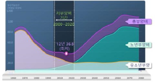  1960년 이후 2080년까지 인구 부양비의 변화를 보여주고 있다. 과거에는 유소년 인구가 많아서 부양부담이 컸으나 젊은 인구에서 출산율이 짧은 기간에 감소하면서 인구의 총부양비는 빠르게 낮아져서 2000년부터 2020년까지 부양비가 가장 낮다. 그러나 베이비 붐 세대인 1955년생이 2020년에 65세가 되면서부터 노년부양비는 급속도로 증가한다. 2060년이 되면 총 부양비는 1960년대 보다 20p 이상 높아질 것이다.