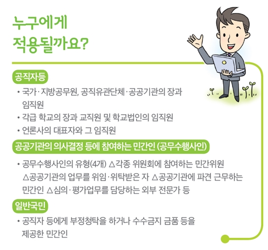 청탁금지법의 적용대상. 공무원을 비롯해 교직원, 기자, 일반국민도 적용을 받는다.