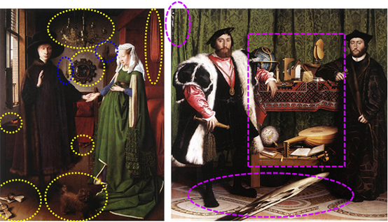 얀 반 아이크 <아르놀피니 부부의 초상화> 1434년, 나무패널에 유화, 82x59.5cm, 런던, 내셔널 갤러리 / 한스 홀바인<프랑스 대사들>1533년, 나무패널에 유화, 207×209cm, 런던, 내셔널 갤러리