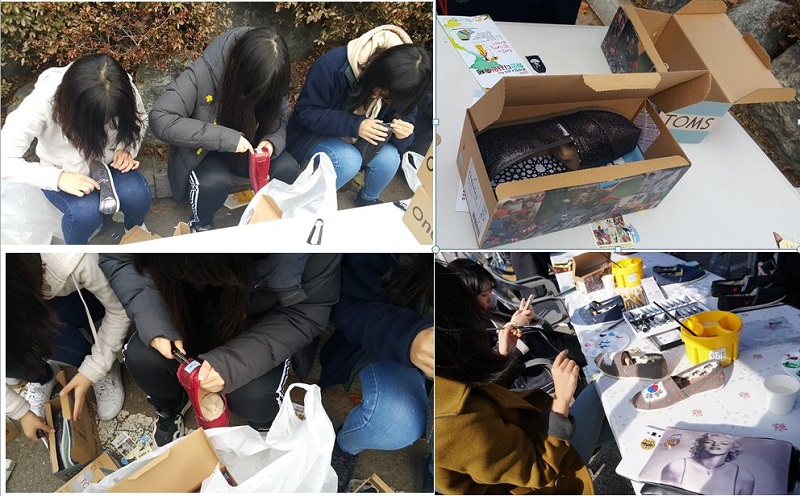 지역내 중고등학생의 자원봉사와 재능기부로 2만여 족의 신발이 상표가 제거되고 신발 위에 희망과 사랑의 그림이 더해졌습니다.
