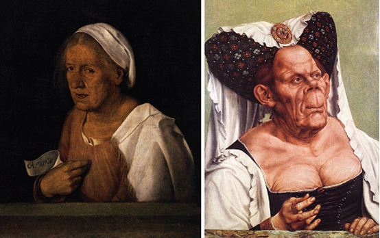 좌: 조르조네, <늙은 노파> 1508. Oil on canvas, 68x59cm 베네치아 아카데미아 미술관 / 우: 쿠엔틴 마시스 <추한 공작부인>1525-30, Oil on wood, 64x46cm, 런던내셔널 갤러리