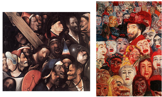 좌: 보쉬 <십자가를 지고 가는 그리스도> 1515-16, 나무판에 유채, 74×81cm 헨트미술관, 벨기에  우 : 엔소르 <가면과 함께 있는 자화상, Self-potrait with Masks> 1899, 캔버스에 유채, 120×80cm 메나드미술관, 일본