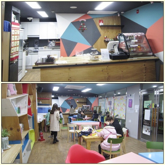 학생들이 모여 차를 마시며 쉬거나, 자유룝게 소통 할 수 있는 공간인 1층의 휴카페.