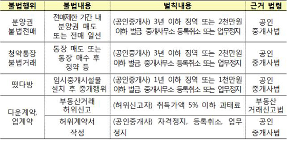 공인중개사 청약 관련 불법행위 및 제재(제공=국토교통부)