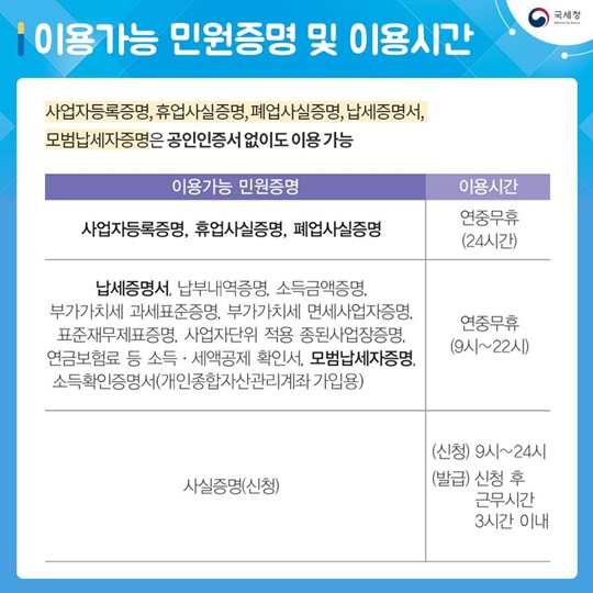 국세청 홈택스 민원증명 모바일 발급