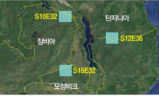 아프리카 자원공간정보 위치도. 위치는 모잠비크-탄자니아-잠비아 접경지역 3곳이다.