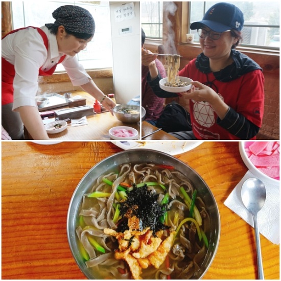 메밀면으로 끓여낸 황태칼국수. 이 특별한 황태칼국수를 맛보러 봉평을 찾았다는 관광객 김양희 씨.(오른쪽)