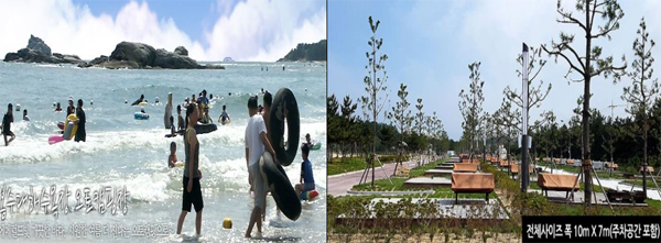 봉수대해수욕장 전경(왼쪽) 및 오토캠핑장.