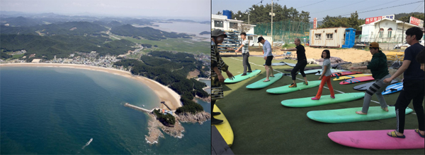 만리포해수욕장 전경(왼쪽)과 서핑 교습.