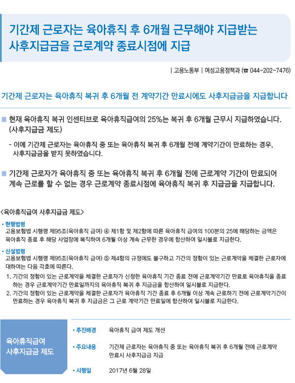 기간제 근로자는 육아휴직 후 6개월 근무해야 지급받는 사후지급금을 근로계약 종료시점에 지급