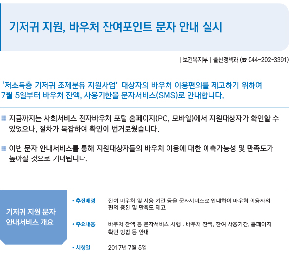 기저귀 지원, 바우처 잔여포인트 문자 안내 실시