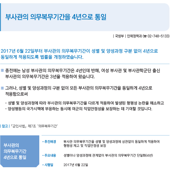 부사관의 의무복무기간을 4년으로 통일
