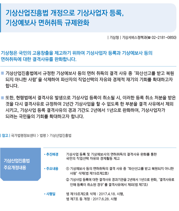 기상산업진흥법 개정으로 기상사업자 등록, 기상예보사 면허취득 규제완화