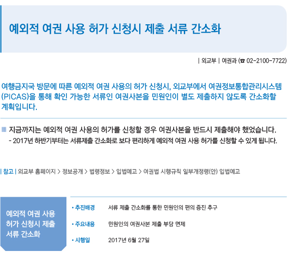 예외적 여권 사용 허가 신청시 제출 서류 간소화
