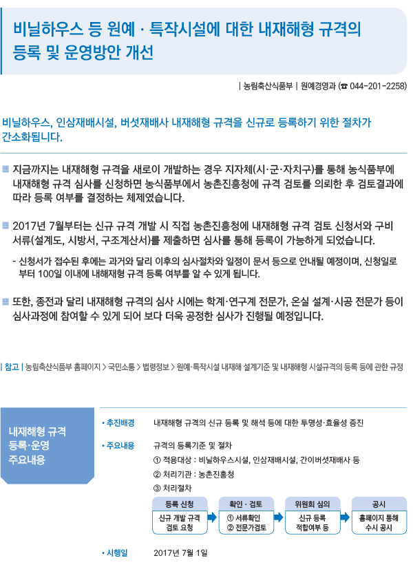 비닐하우스 등 원예ㆍ특작시설에 대한 내재해형 규격의 등록 및 운영방안 개선