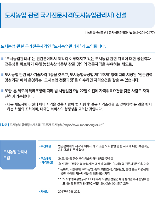 도시농업 관련 국가전문자격(도시농업관리사) 신설