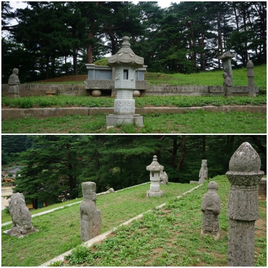 명주군왕릉과 망주석, 문인석, 사자석상의 모습