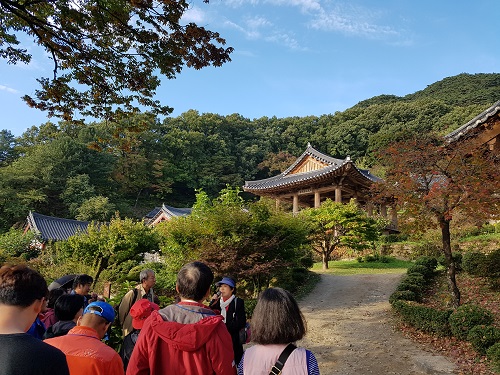 무량수전 오르기 전 봉황산의 모습과 부석사 풍광을 살펴보는 인문열차 참가자들.