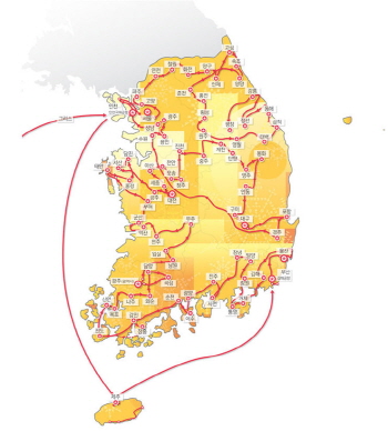 인천을 출발하여 평창으로 향하는 1018km의 봉송로이다(출처=www.pyeongchang2018.com)
