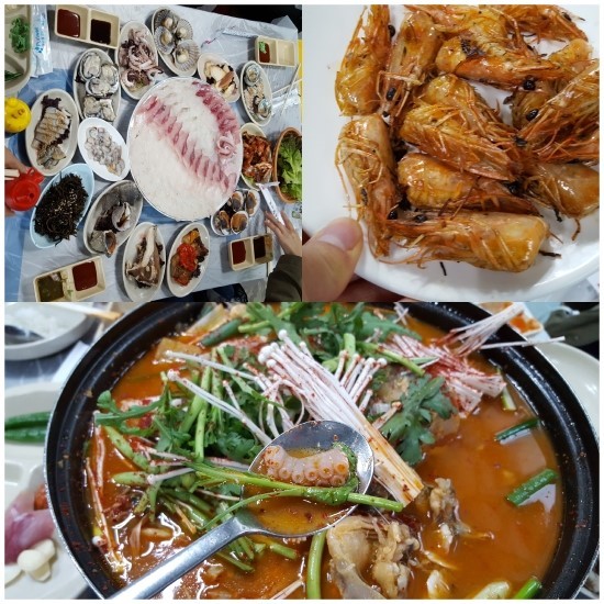 회정식, 식감이 고소하고 부드러운 새우버터소금구이, 얼큰한 국물에다 먹을수록 당겨지는 바다의 시원함이 느껴지는 방어매운탕.