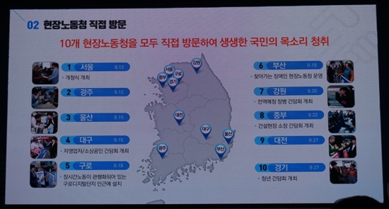 직접 방문한 10개의 현장노동청 지역을 표시한 PPT 보고 자료.