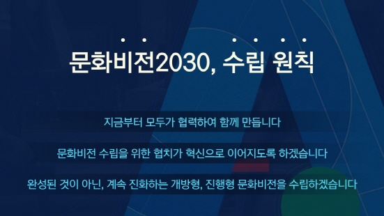 문체부는 ’문화비전 2030‘을 완성된 것이 아닌 계속 진화하는 개방형, 진행형 문화비전을 수립하겠다는 방침이다. 