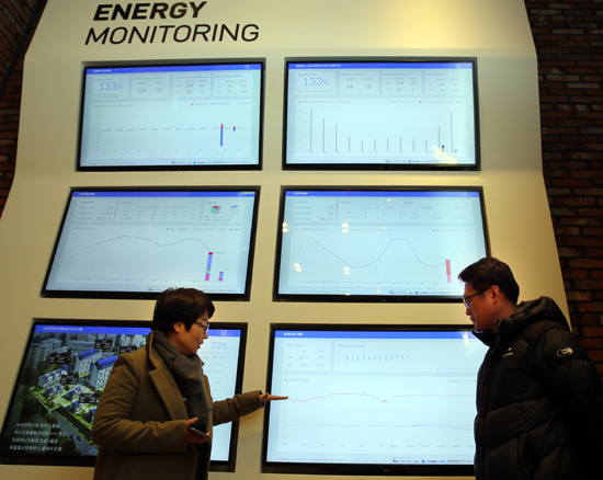 노원EZ하우스는 실시간으로 에너지사용량과 신재생에너지 생산량의 데이터를 받아 전광판에 보여지고 있다.
