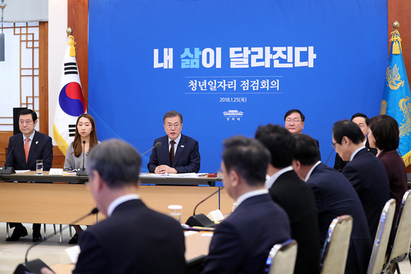 문재인 대통령이 25일 오후 청와대에서 열린 청년일자리 점검회의를 주재하고 있다. (사진=청와대)