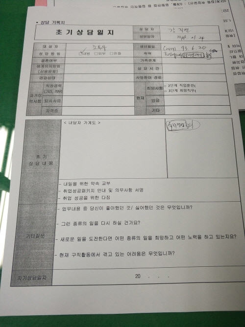 전문상담사가 작성하는 초기상담 일지.