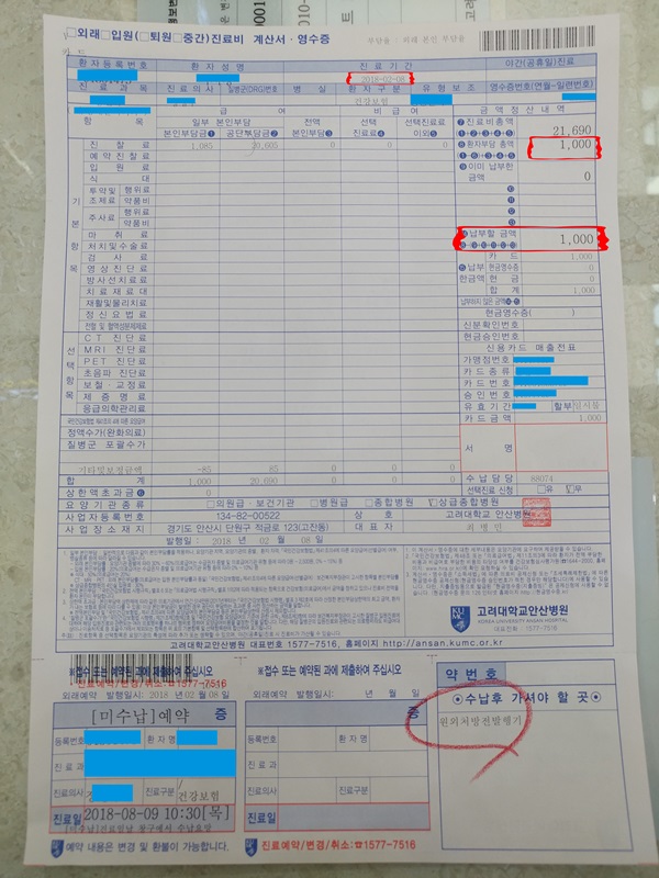 2018년 2월 8일 진료비 납부액 1천원