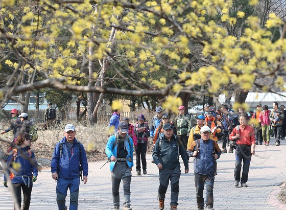 서울 도봉구 도봉산을 찾은 상춘객들이 봄 기운을 온몸으로 느끼며 산을 내려오고 있다.(사진=저작권자(c) 연합뉴스, 무단 전재-재배포 금지) 