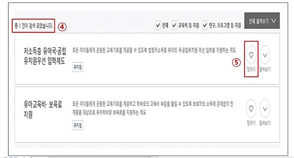 ④ 본인의 여건과 환경에 해당되는 복지사업의 지원 내용, 지원 금액, 선정대상 및 신청 시기 등 안내 ⑤ ♡버튼을 눌러 ‘찜 목록’에 등록하면 신청 시기에 맞춰 문자 알림서비스 제공 (출처=교육부)