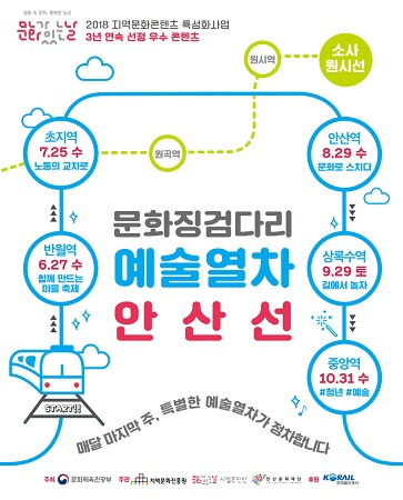 ‘예술열차 안산선’은 반월역(6월27일)을 시작으로 초지역(7월25일) 안산역(8월29일) 상록수역(9월29일) 중앙역(10월31일)에서 각각 진행된다. 기타 자세한 내용은 안산문화재단 지역문화부(031-481-0525)로 문의하면 된다.