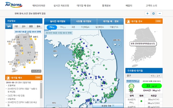 에어코리아에서는 대기와 관련한 다양한 정보를 얻을 수 있다.