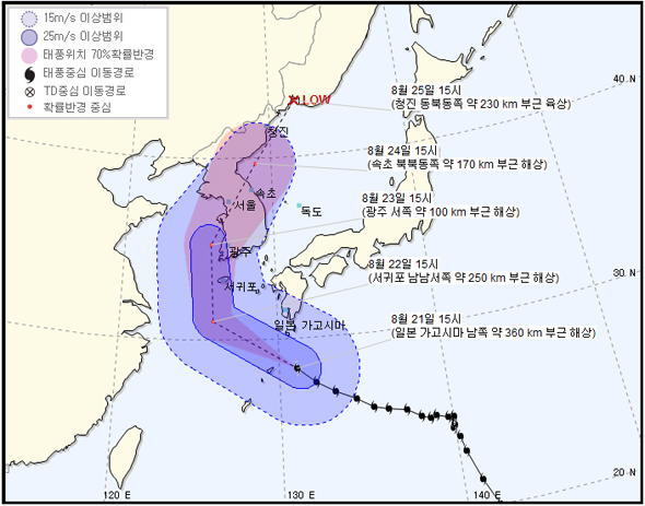 제19호 태풍 ‘솔릭’ 예상 경로.