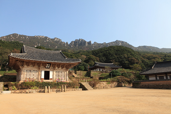 미황사 대웅전 뒤로 달마산 바위능선이 병풍처럼 둘러쳐져 있다.