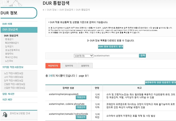 한국의약품안전관리원 홈페이지에 가서 DUR정보(Drug Utilization Review, 의약품 안심 서비스) 메뉴에서 먹은 약의 약명을 검색하면 쉽게 임산부 복용 가능 여부를 알 수 있습니다.
