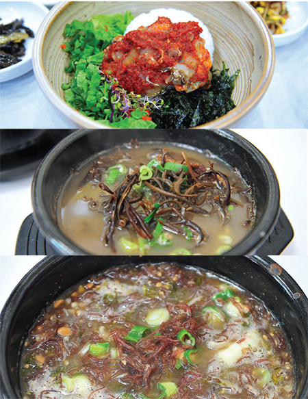 윗쪽부터 꽃게살 비빔밥, 듬북갈비탕, 가시리 된장국.