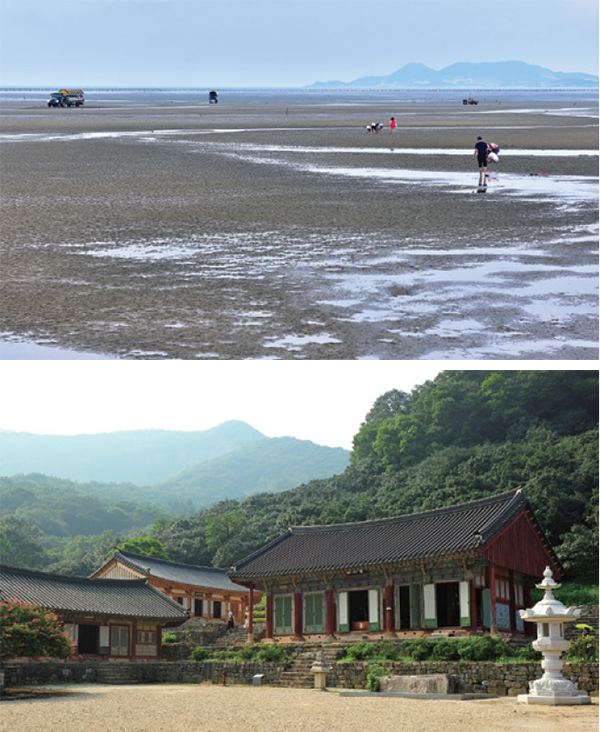 람사르습지로 지정된 고창 갯벌(위)과 고창의 명물 선운사(아래).