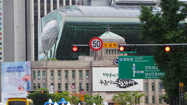 서울시청 앞 교차로의 시속 50km 안내표지판.