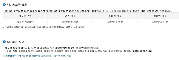 근로장려금을 신청하기 위한 소득요건과 재산요건(사진=국세청홈택스 홈페이지)