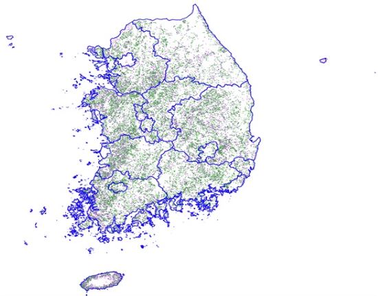 전국농업면적표본 분포(3만 2천여개소)가 표기된 지도