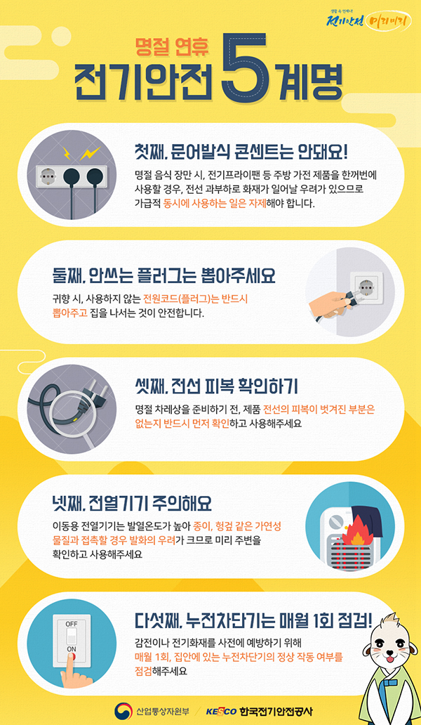 명절 연휴 전기안전 5계명.