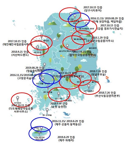 환경성적표지(탄소발자국) 인증 관광서비스지역 