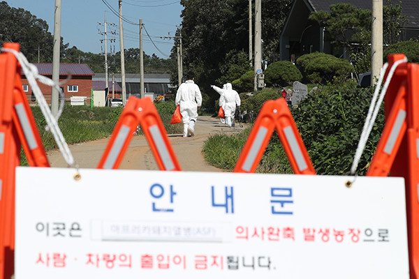  18일 경기도 연천군의 한 양돈농가에서 아프리카돼지열병(ASF)이 발생해 방역당국 관계자들이 농장으로 들어가고 있다.(사진=저작권자(c) 연합뉴스, 무단 전재-재배포 금지)