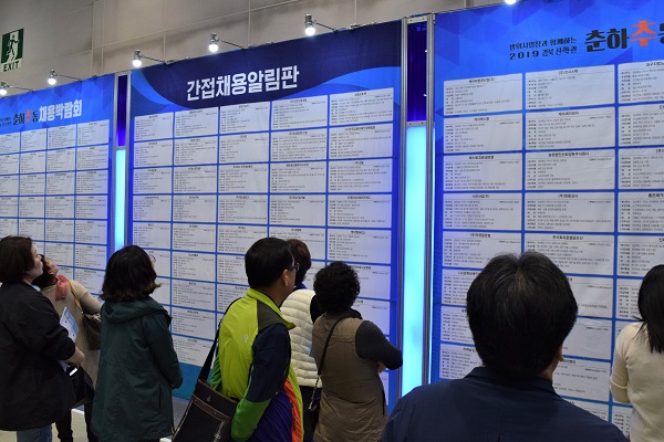  채용박람회 현장에서 일자리 알림판을 응시하는 사람들  