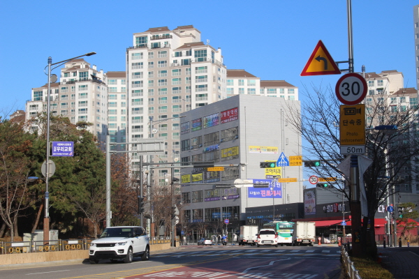 경기 김포신도시 초등학교 앞. 어린이보호구역 안내 표지판과 함께 횡단보도, 신호등이 있습니다.